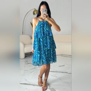 Blue and Green Leaf Print Dress